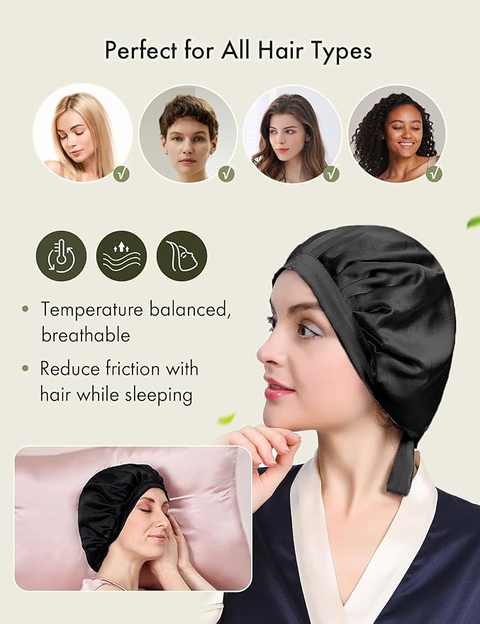 LILYSILK 100% Mulberry Silk Bonnet, 19 Momme Silk Night Sleep Cap Adjustable Hair Wrap for Sleeping, Black