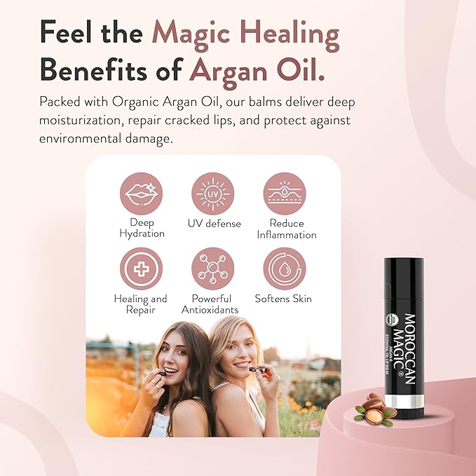 Moroccan Magic Organic Blood Orange Lip Balm 3 Pack | Ultra-Hydrating Argan & Essential Oil Lip Moisturizer + Vitamin E | Natural Chap Stick for Dry Lips | Smooth, Non-Toxic | Organic Lip Balm