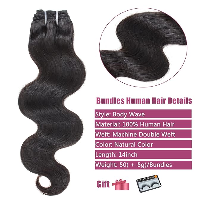 HVN-KVVM Body Wave Bundles Human Hair 14 Inch 12A Human Hair Bundles 100% Unprocessed Brazilian Virgin Hair Weave 4 Bundles Human Hair Natural Black Color (14/14/14/14 Inch, 4 Bundles)