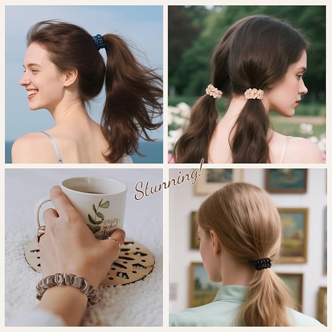 LULUSILK Small Silk Hair Ties No Damage, 100% Real Mulberry Silk, Skinny Scrunchies Ponytail Holders for Thin Fine Hair, Black Brown and Lotus Pink, Pack of 3