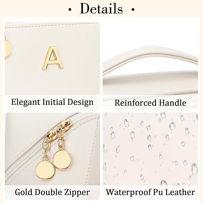 Valentines Day Gifts for Women Teen Girl, Personalized Initial Makeup Organizer Bag Set, Open Flat Travel Cosmetic Bag With Clear Divider and Handle(Large-Beige,A)
