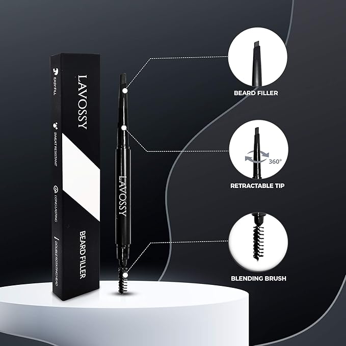 LAVOSSY Beard Pencil - Light Brown Pack of 3 - Long Lasting and Easy to Use Pen with Blending Brush for Sleek, Natural, Water/Sweat Proof Results