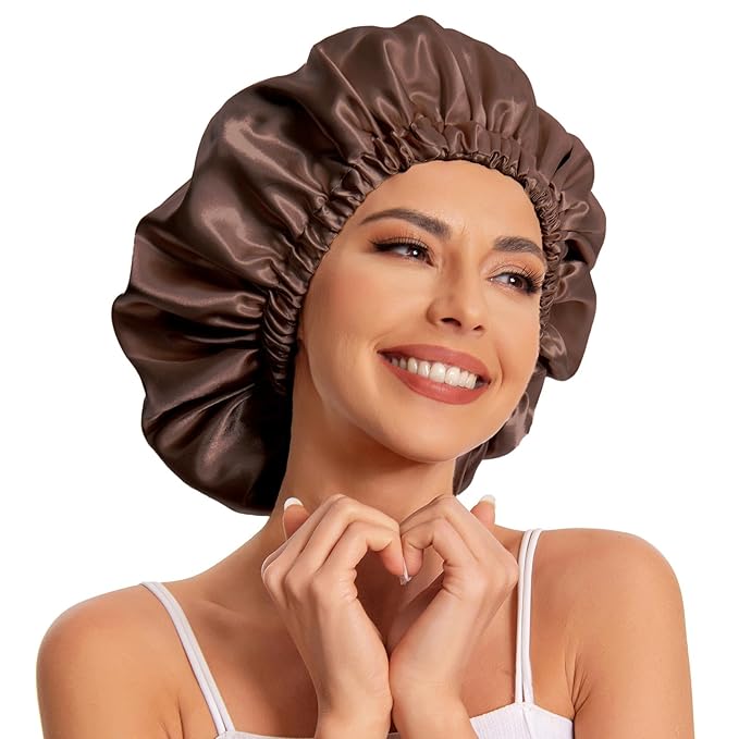 Satin Bonnet Silk Bonnet Hair Bonnet for Sleeping-Slouchy Beanie Hat Satin Sleep Cap for Women's Natural & Curly Hair(Black&Brown)