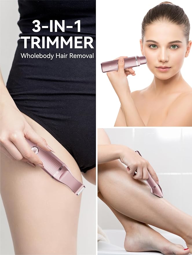 unibono 3-in-1 Electric Razor for Women - Waterproof Bikini Trimmer,Rechargeable Electric Shaver for Lady,Pubic Hair Trimmer Women,Personal Trimmer Groomer for Body Hair (Rose Golden,RG-1)