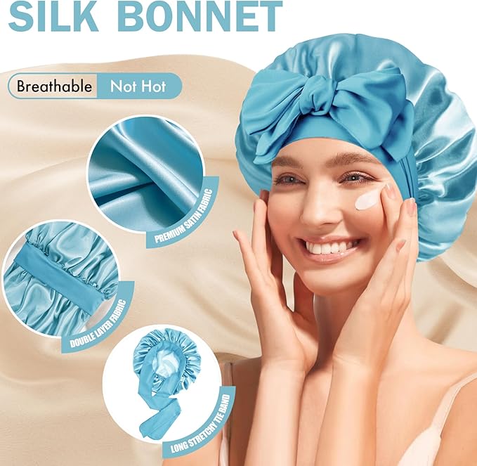 Silk Bonnet for Sleeping Women, Adjustable Soft Satin Lined Bonnet with Tie Band, Double Layer Sleep Night Cap