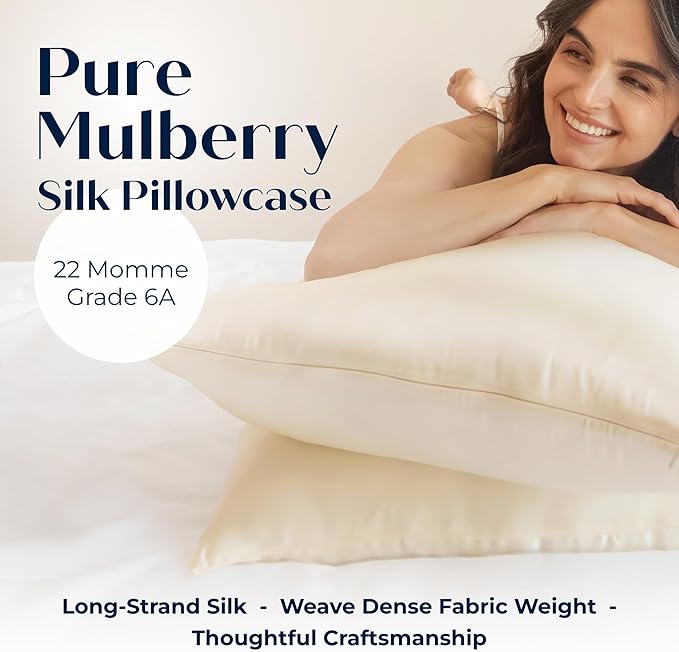 Moonaé Mulberry Silk Pillowcase – Pure Silk Pillow Cover for Healthier Hair & Smoother Skin – Soft, Breathable and Temperature-Regulating, Luxurious Silk Case Colors Ivory-S
