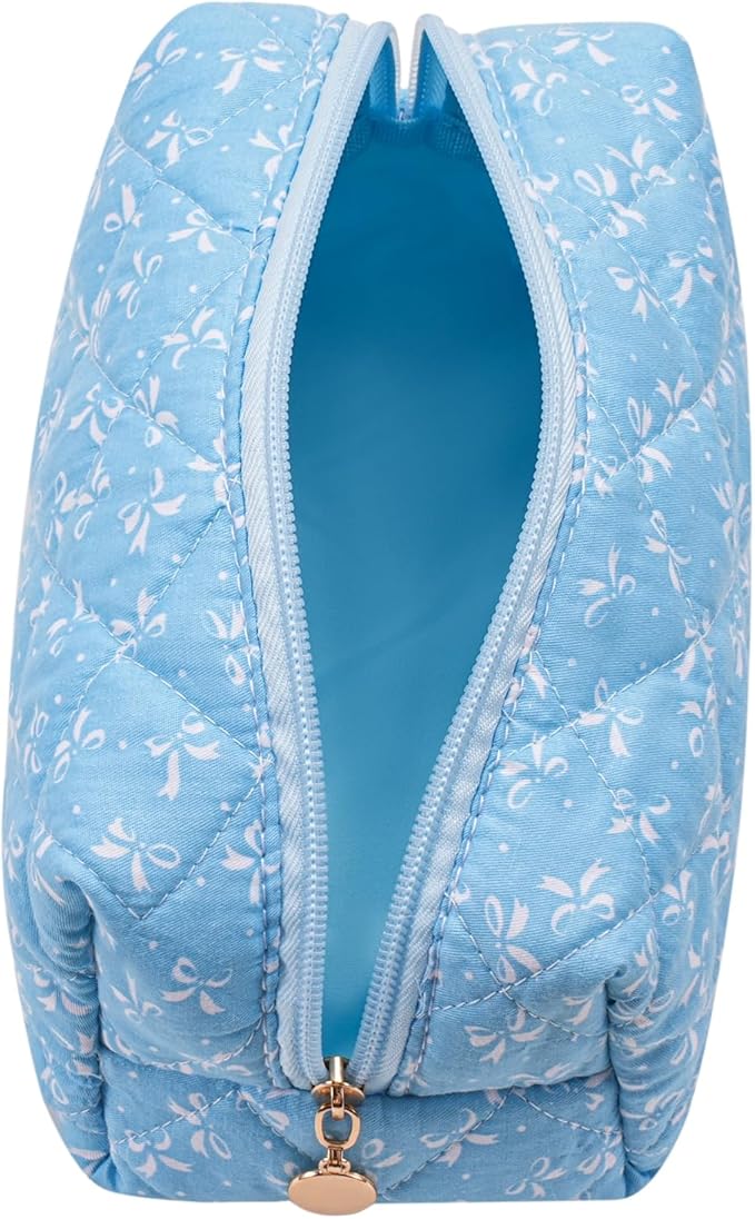 Cute Floral Makeup Bag Small Cotton Quilted Cosmetic Bag, Aesthetic Essential Bag Emergency Bag Gift for Women Girls Travel Accessories (Blue)