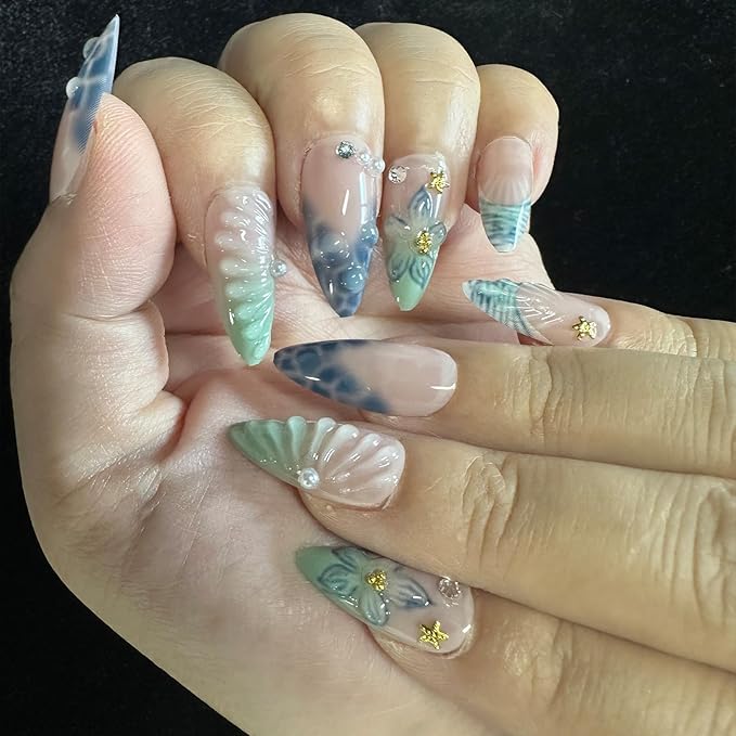 JONKASIPA 24 Pcs French Press On Nails, Medium Length Almond Shape Fake Nails, 3D Flower Nail Decoration Full Coverage Blue Patch Nails Artificial Nails For Women