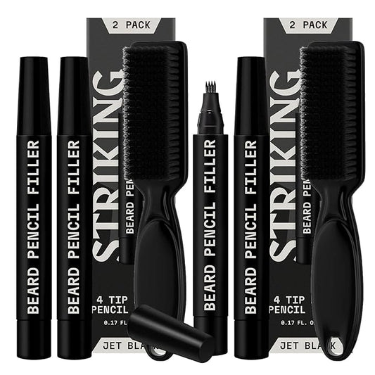 4 Pack Beard Filling Pen Kit with 4 Tips - Waterproof Beard Pencil for Men, Fill, Shape & Define with Brush - Striking Viking (Jet Black)