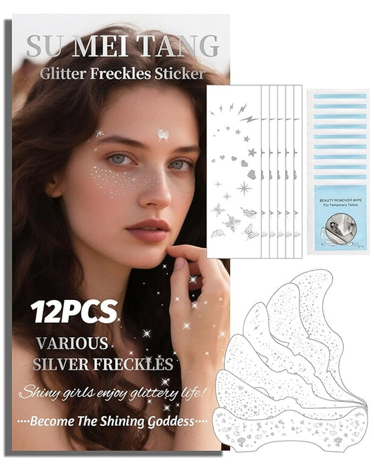 SUMEITANG Glitter Freckles Face Tattoo Patches - 12PCS Temporary Sparkle Face Stickers with 10 Remover Wipes | Waterproof Festival Rave Party Makeup Accessories for Women Girls (Silver)