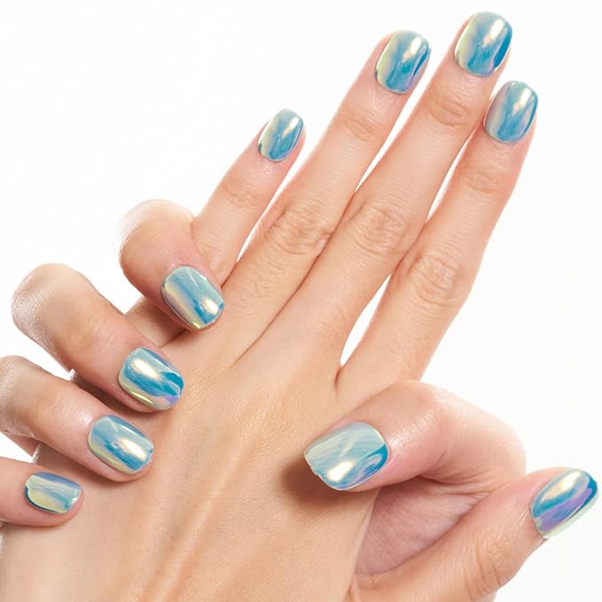GLAMERMAID Light Blue Chrome Extra Short Press on Nails, Glazed Handmade Pure Blue Fake Nails Short Squoval, Mirror Powder Square Glue on Nails, Acrylic False Nails, Glossy Round Fake Nails for Women
