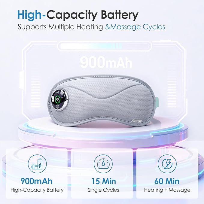 Heated Eye Mask with Massager, 3D Contoured Light-Blocking Sleep Mask for Dry Eyes, LED Display & 3-Level Heat/Vibration Modes,Gift for Men & Women, Ideal for Home, Office & Travel Use (Grey)