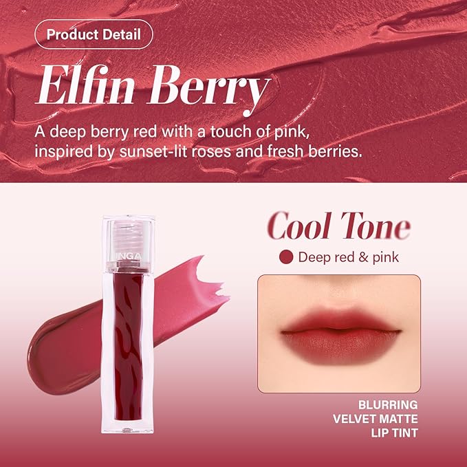 INGA Blurring Velvet Matte Lip Tint - Soft-Blur Matte Finish, Waterproof, Transfer-Proof, Long-Lasting Lip Stain, Lightweight Buildable Color with Hydrating Comfort (ELFIN BERRY)