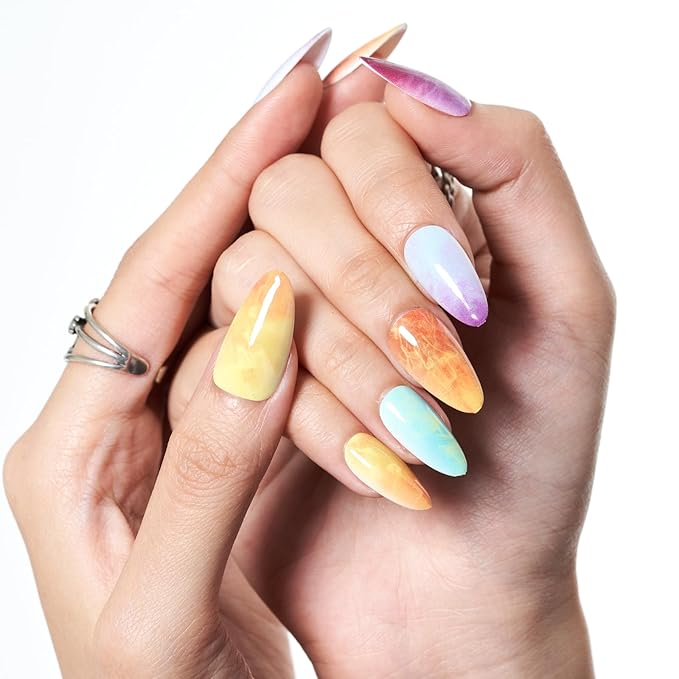 GLAMERMAID Press on Nails Medium Almond, Colorful Ombre French Tip Gel Glue on Nail, Glossy Short Stiletto Reusable UV Finish Fake Nails Acrylic False Nails Manicure Kits for Women