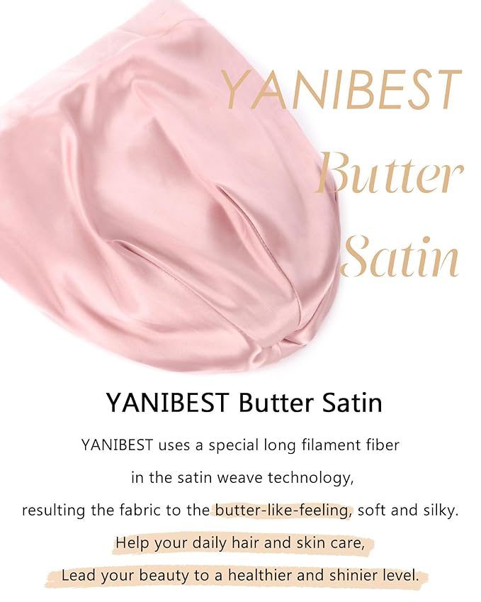 YANIBEST Silk Satin Bonnet Hair Wrap for Sleeping, Adjustable Slouchy Beanie for Women, Silk Lined for Curly Hair and Braids, Pink