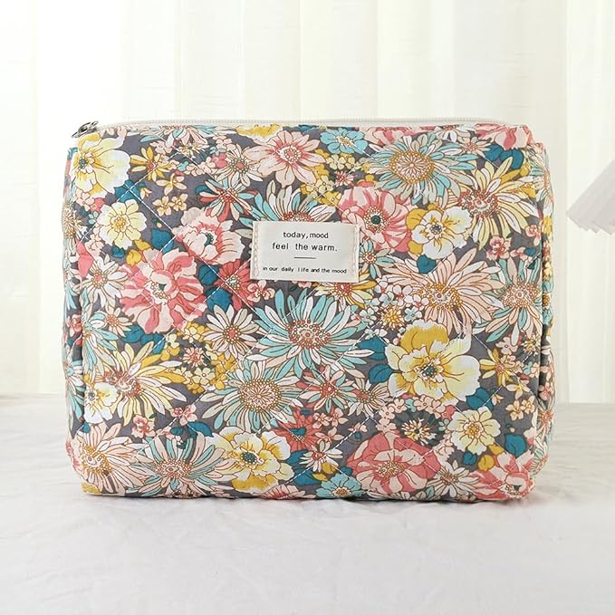 Makeup Bag, 3 PCS Quilted Makeup Bag, Cute Floral Cotton Cosmetic Bag set, Coquette Makeup Pouch Large Travel Toiletry Bag