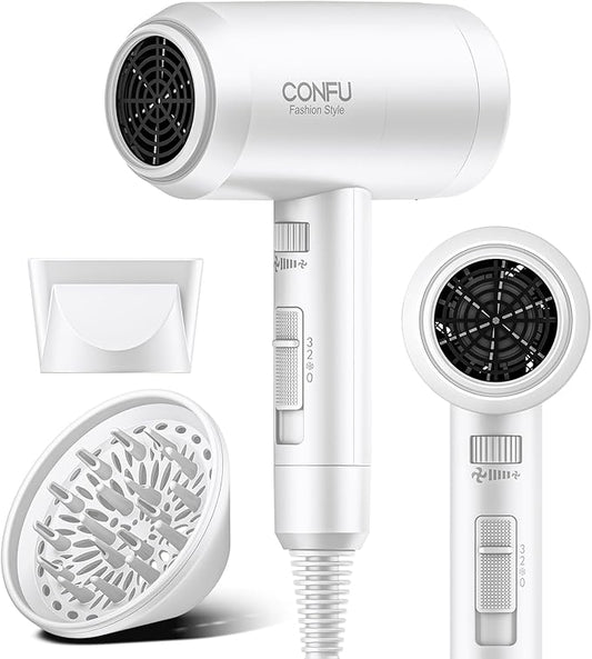 Hair Dryer with Diffuser, CONFU Blow Dryer for Curly Hair for Women Men, 21000PRM Travel Hair Dryer, Portable Lightweight Fast Drying Negative Ion Hairdryer for Home & Travel