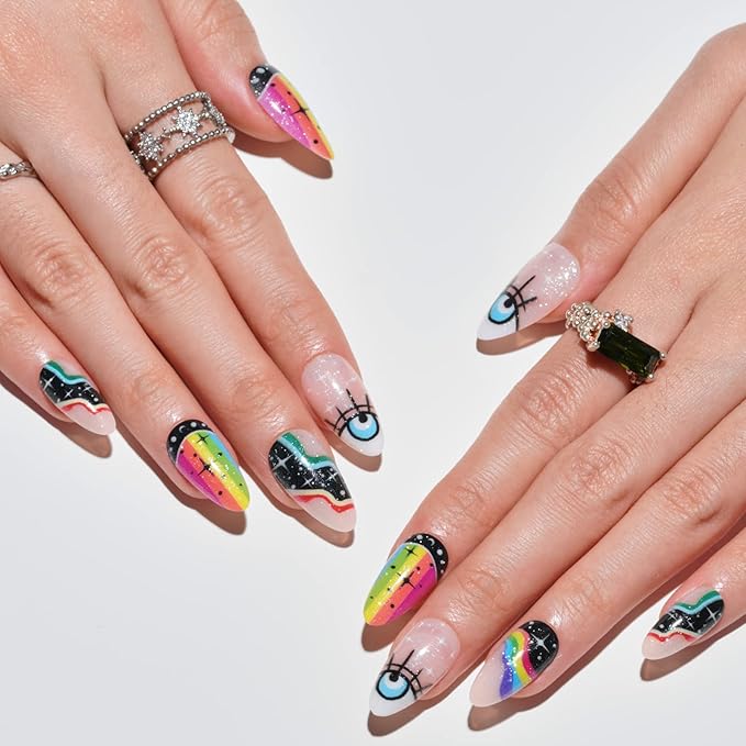 GLAMERMAID Press on Nails Medium Almond, Spring Gothic Black with Rainbow Galaxy Gel Glue on Nail, 24Pcs Glossy Short Stiletto Reusable UV Finish Fake Nails Acrylic False Nails Manicure Kits for Women