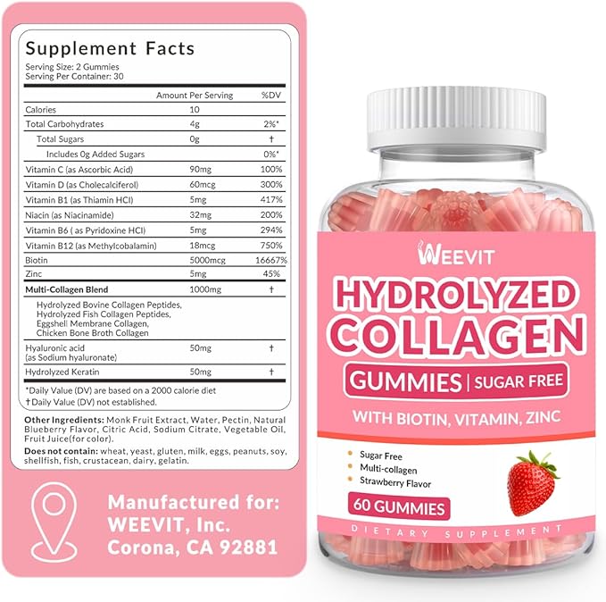 Collagen Gummies for Women, Hydrolyzed Collagen Peptides Gummies with Biotin, Collagen Supplements Gummy with Vitamin B12, C, D, Zinc for Hair Skin Nail