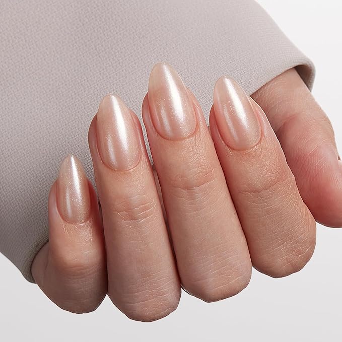 VSALON Press-On Nails Short Almond - 42 PCS Pearl White 3D Metallic Fake Nails for Women, 32 Main Nails in 16 Sizes &10 Champagne Alternative Nails - Reusable Glue on Nails Set with Tool Kit