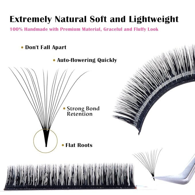 DeceMars Automatic Rapid Blooming Eyelash Extensions Self Fanning Easy Fans 1 Second Flowering Fake Lashes 2D~10D Russian Volume Eyelashes Matte Black-0.05mm-dd-16mm