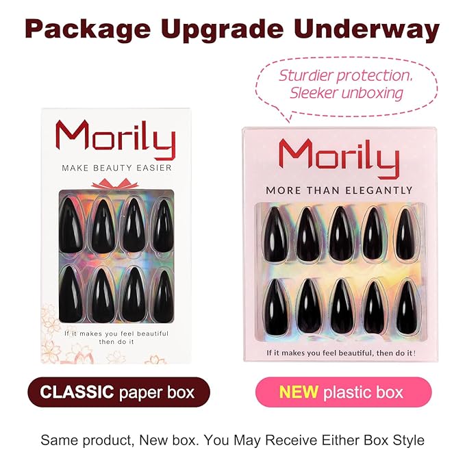 morily 24Pcs Black Press on Nails Stiletto Fake Nails Medium Length Almond False Nails Tips Long Acrylic Glossy Stick on Nail Solid Color Full Cover Fingernails Manicure for Women (Black)