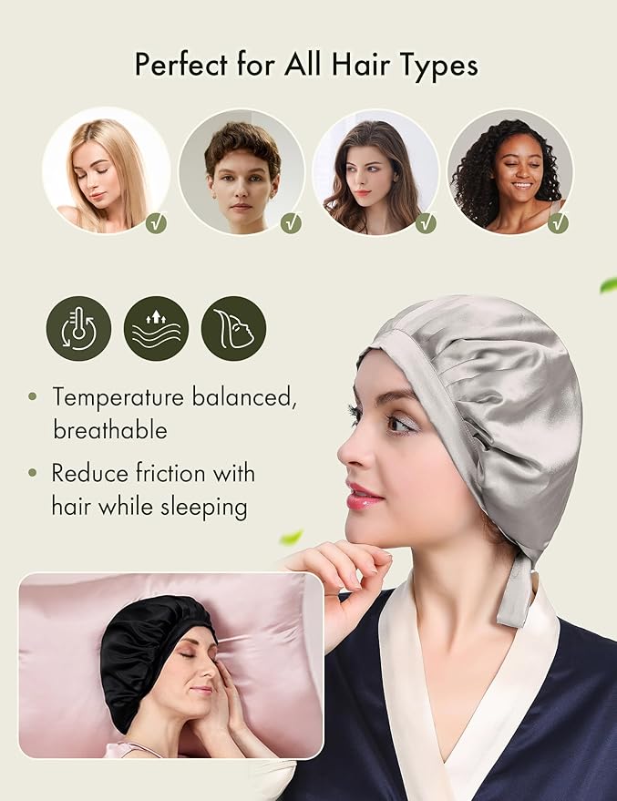 LilySilk 100% Mulberry Silk Bonnet, Silk Night Sleep Cap Adjustable Hair Wrap for Sleeping, Silvergray