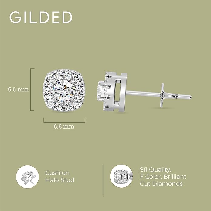 Gilded Lab-Grown Diamond Sterling Silver and 14KT Yellow Gold Plated Silver Stud Earrings for Women | Cushion Halo Shaped Studs | Hypoallergenic Fine Jewelry | Prong Setting, Push Back Nut | SI1 Clarity, F Color 1/4, 1/2, ,1 Carat Total Weight