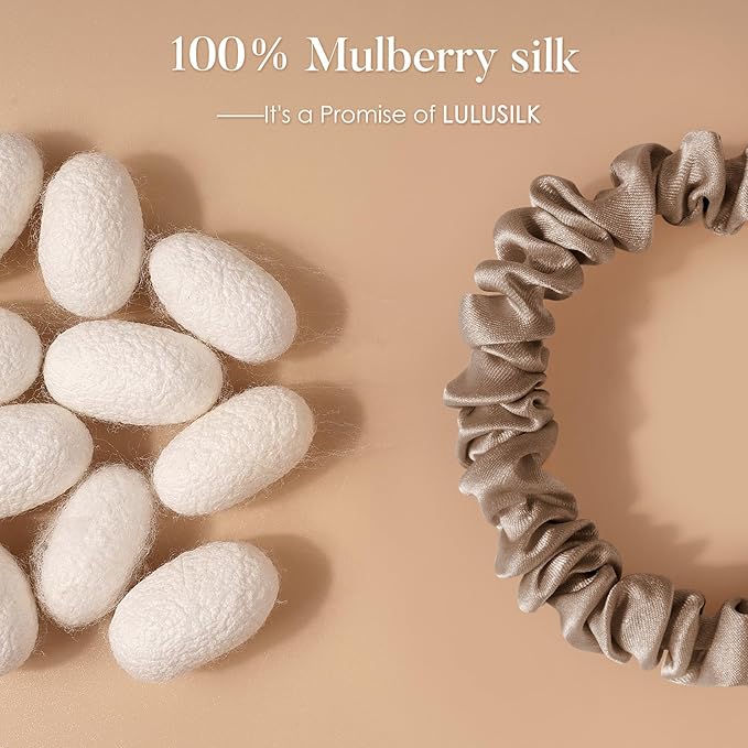 LULUSILK Small Silk Hair Ties No Damage, 100% Real Mulberry Silk, Skinny Scrunchies Ponytail Holders for Thin Fine Hair, Brown, Pack of 3