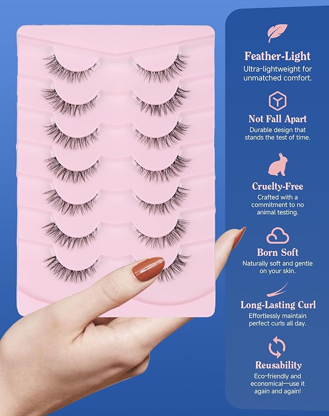 Small Lashes Wispy Short Eyelashes Natural Look Flared Strip False Eyelash Soft Clear Band Lash Pack 7 Pairs C20