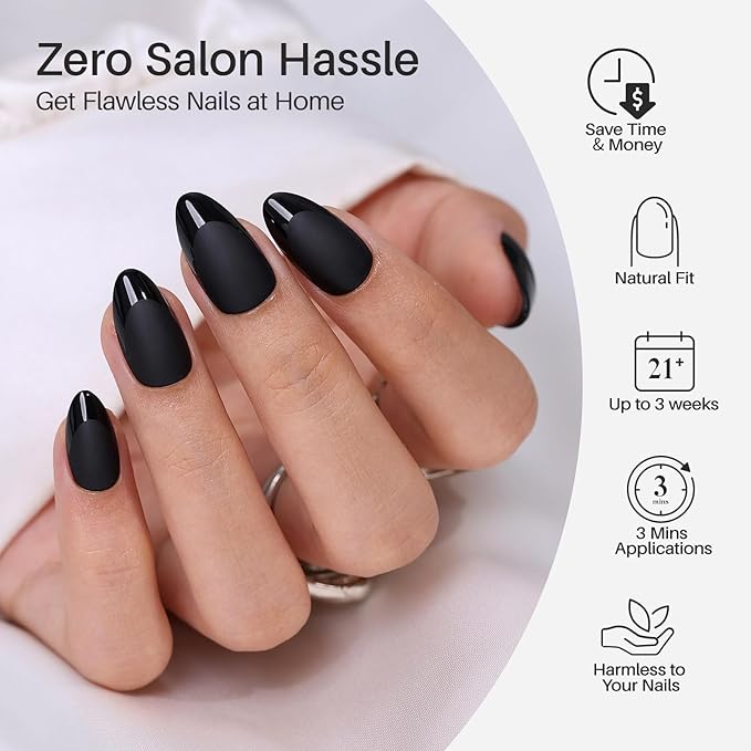 SHANGMENG Soft Gel Black Press on Nails Almond - Short Nails with Glossy French Tips in a Matte Finish, Stick on Nails with Glue in 16 Sizes - 32 Reusable Fake Nails for Women, Matte Black