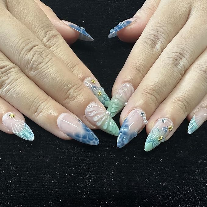 JONKASIPA 24 Pcs French Press On Nails, Medium Length Almond Shape Fake Nails, 3D Flower Nail Decoration Full Coverage Blue Patch Nails Artificial Nails For Women
