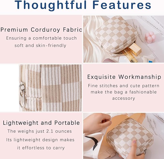 uekeboag Cute Small Corduroy Zipper Makeup Bag, Mini Coquette Aesthetic Pouch with Bear Pattern for for Purse,Key Pocket Lipstick Bag Card Holder Data Cable Organizer (09Beige Checker)
