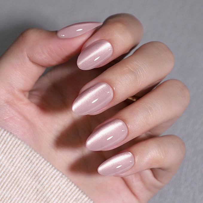 SHANGMENG Pink Cat Eye Press on Nails Short - Soft Gel Press on Nails Almond for Women Gift, Fit Perfectly & Natural Glue on Nails in 16 Sizes - 32 Reusable Fake Nails with Glue, Beige Pink