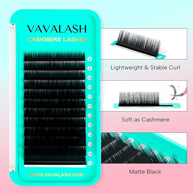 VAVALASH Cashmere Eyelash Extensions 0.03/0.05/0.07/0.15 Premium Lashes B L J Curl Volume Lash Extensions, Soft Super Matte Black Professional Lashes Extension Tray Supplies (0.03-L-8-15MM)