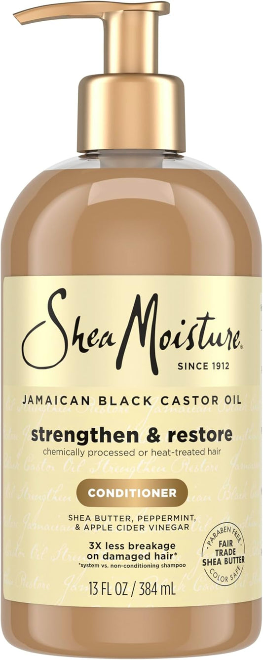 SheaMoisture Strengthen and Restore Rinse Out Hair Conditioner to Intensely Smooth and Nourish Hair 100% Pure Jamaican Black Castor Oil with Shea Butter, Peppermint and Apple Cider Vinegar 13 oz