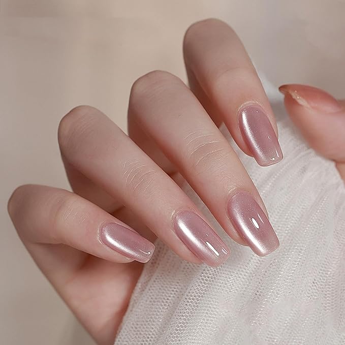 SHELWIN French Press On Nails Ready-To-Wear DIY Manicure Stick On Cat Eye Nails kit for Women 24 Pcs Short Medium Coffin Almond Shaped False Nails Gifts（Light Pink）