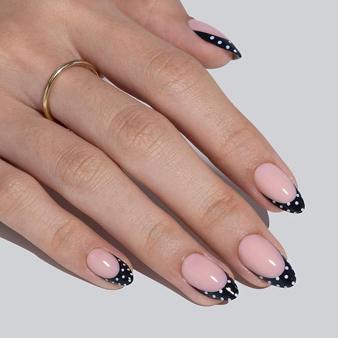 SHANGMENG Black French Tip Press on Nails Short - Polka Dots, Soft Gel Almond Press on Nails for Women, Seamless Fit Glue on Nails in 16 Sizes - 32 Reusable Fake Nails Kit with Glue