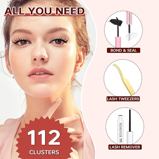 JOLIETIFY Lash Extension Kit, Foxy Style, Faux Mink 8-18mm Cluster Lashes, Bold Lifted Look, Reusable Individual Lashes with Waterproof Bond & Seal, Lash Tweezers & Remover, Easy DIY for Beginners