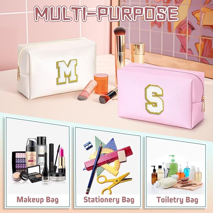 TOPEAST Initial Makeup Bag for Travel, Chenille Letter Pouch Cosmetic Bag, PU Leather Waterproof Toiletry Bag, Personalized Gifts for Bride Bridesmaids, Cute Things for Girls (White Q)