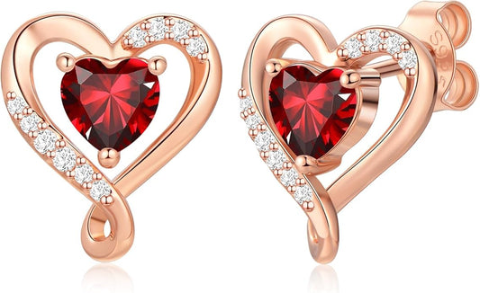Zifeel Earrings for Women, S925 Sterling Silver Rose Gold Birthstone Heart Studs Earring for Girlfriend Wife, Anniversary Birthday Christmas Valentines Mothers Day Gifts Jewelry for Women Wife Her Mom