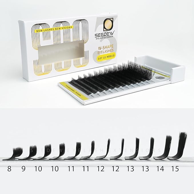 SEEDEW 3D Lash Extensions, 0.10mm LU/M Curl MIX8-15mm 12 Rows/Tray, W Shape Flat Stem, PBT Natural Eyelash Grafting for Beginner Artist, Lash Tech, Beauty Salon(3D-Matte Black-0.10-LU-MIX8-15mm)