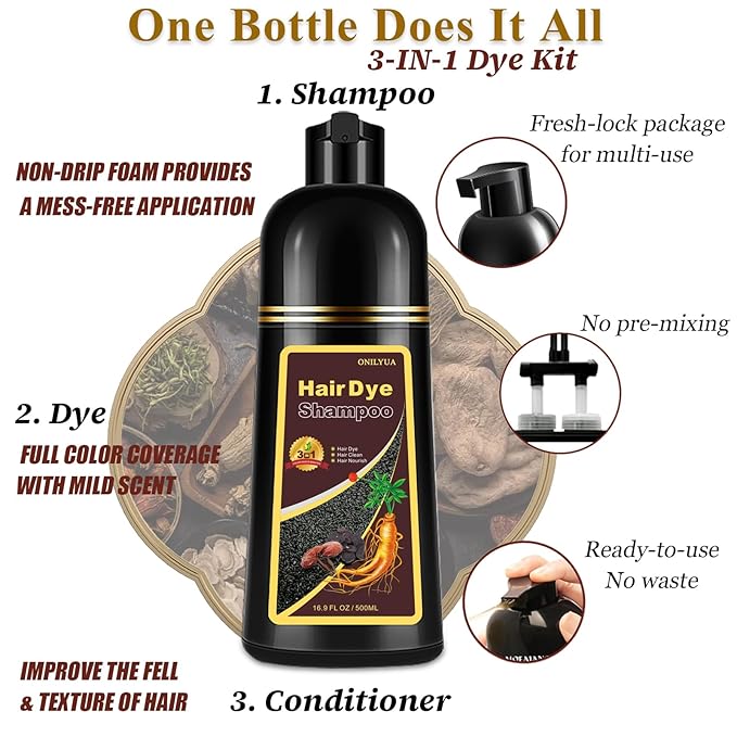 Blonde Brown Hair Dye Shampoo 3 in 1, Instant Hair Color Shampoo for Women Men, Natural Color Shampoo Hair Dye, Grey Hair Coverage in Minutes, Herbal Formula (17.6 FL OZ)