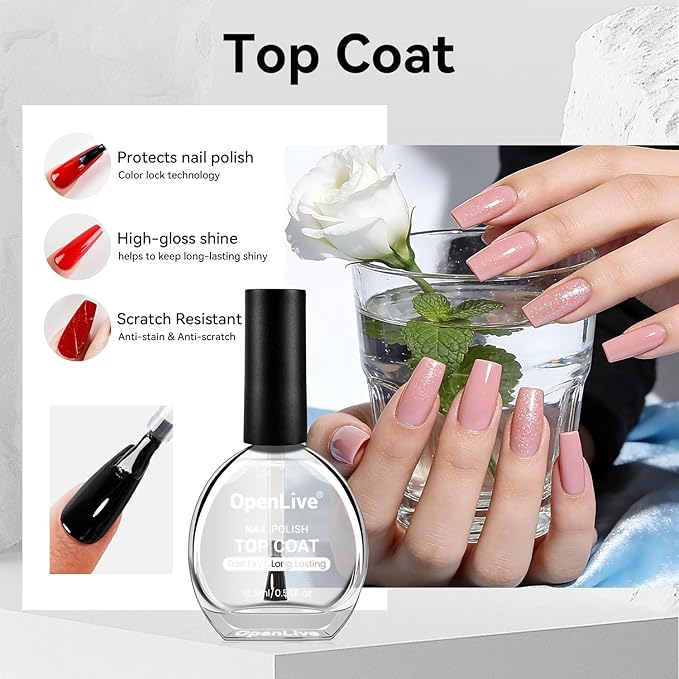 OpenLive 2Pcs Glossy Top Coat Clear Nail Polish, Quick Air Dry Regular Nail Polishes, High Shine Finish Long-Lasting Color Protection No Chip Vegan Non-gel Salon Nail Art Gift for Women