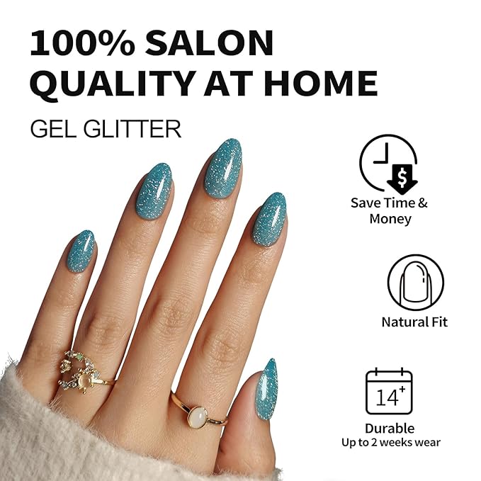 SHANGMENG Glitter Peacock Blue Press on Nails Almond Short with Sparkling Diamond - Soft Gel Fake Nails for Women Gift, Glossy Stick On Nails with Glue in 16 Sizes - 32 Reusable Nails, Peacock Blue