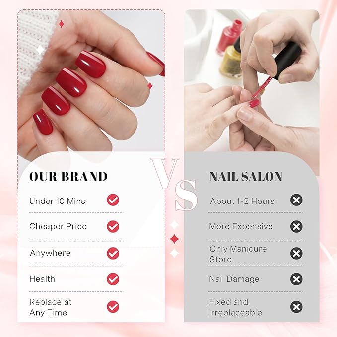 Wine Red Press on Nails Short, Jofay Fashion Glossy Red Valentines Fake Nails with Nail Glue, Square Glue on Nails, Natural Acrylic False Nails, Stick on Nails for Women Gift, Gel Nail Kit, 24pcs