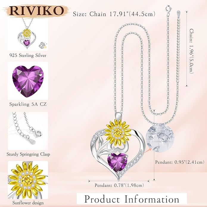 RIVIKO Valentine's Day Gifts for Her-Sunflower Birthstone Necklace for Women,925 Sterling Silver Heart Pendant,Anniversary Birthday Gifts for Women,Birthstone Jewelry for Wife Mother