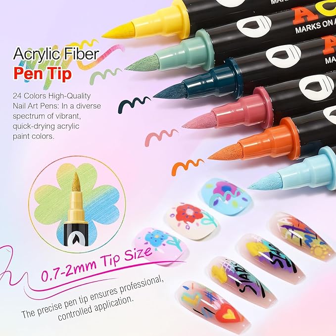 24 Colors Dual-Ended Nail Art Pens Set, 3D Acrylic Nail Polish Pens Quick-Dry Acrylic Markers & Nail Art Markers, Dotting Liner Brush for DIY Nail Design, Home & Salon Manicure Tools