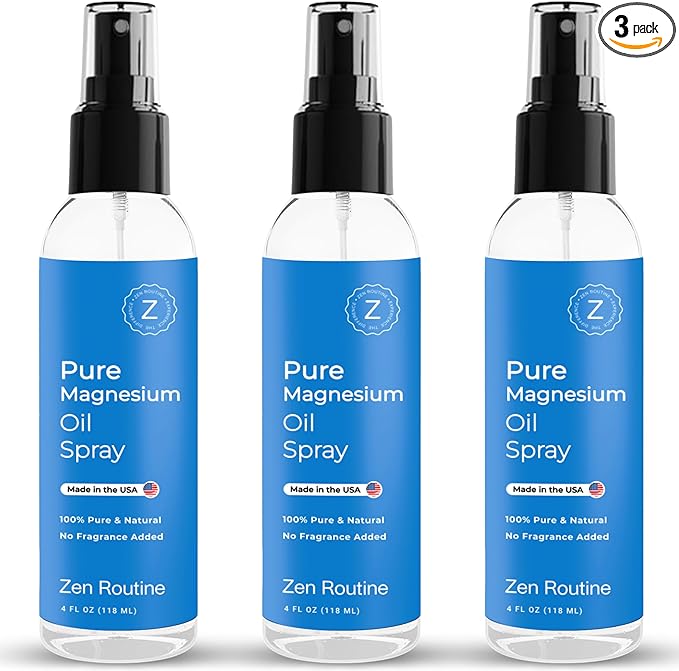 Pure Magnesium Oil Spray 4oz (3-Pack) - USP Grade – Topical for Feet, Body, Muscles, Leg Cramps & Sleep - Extra Strength, Less Sting - 100% Organic & Natural — Made in USA