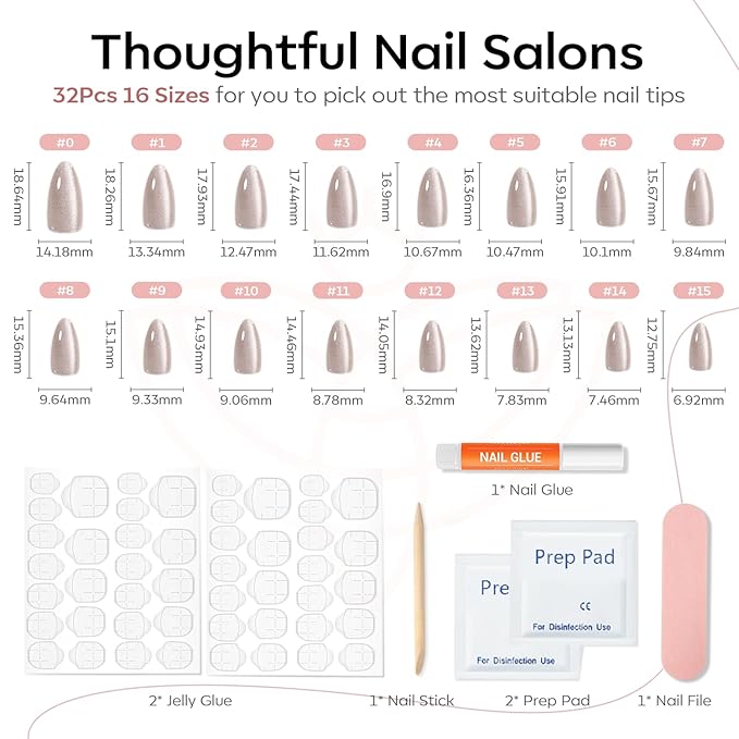 Modelones Cat Eye Press on Nails Almond, Valentines Short Fake Nails, Reusable Nail Kit with Nail Glue Adhesive Tabs Mini Nail File, Nails Press Ons 32Pcs 16 Sizes, Women Girl Gift